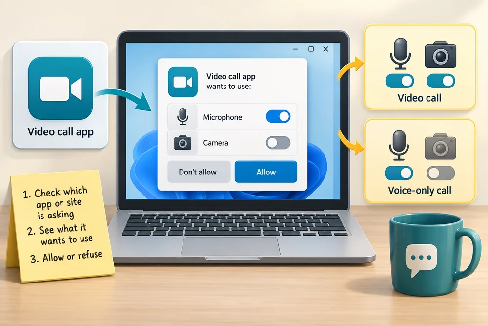 A video-call app requests access to the microphone and camera; permission can be allowed or refused.