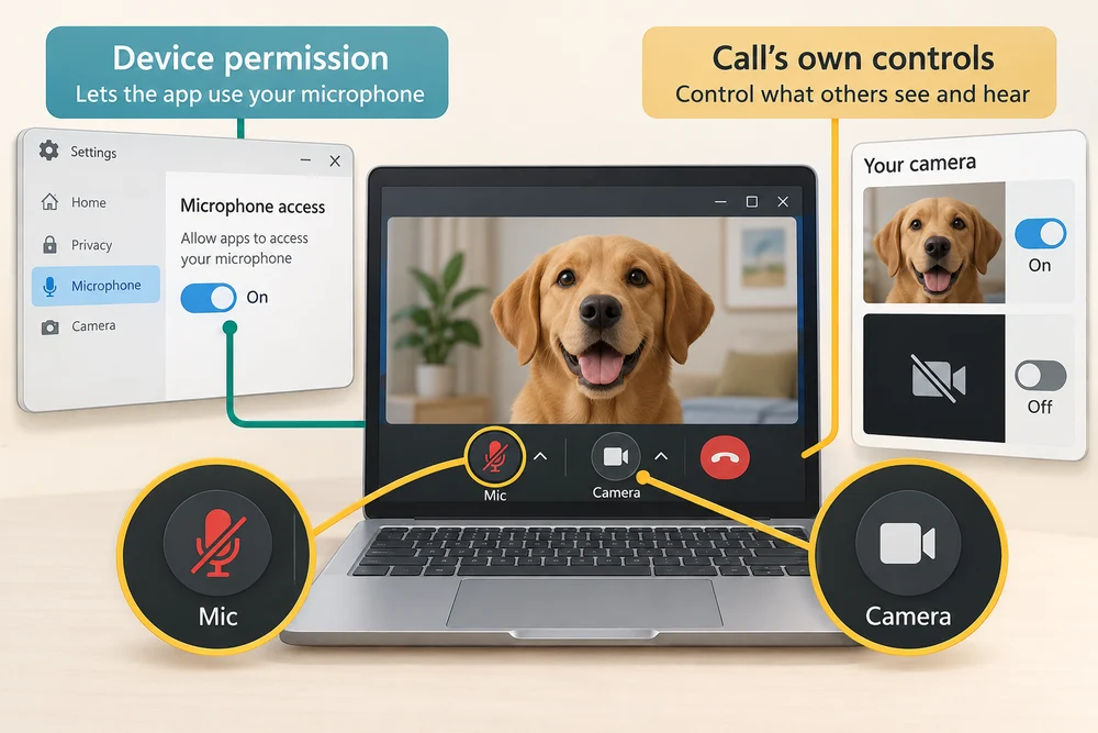 Device permission allows camera or microphone access; the call's own controls determine what is shared during that call.