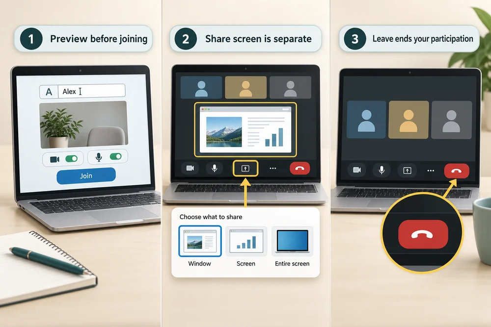 Preview name, camera and microphone before joining; screen sharing is a separate choice and Leave ends participation.