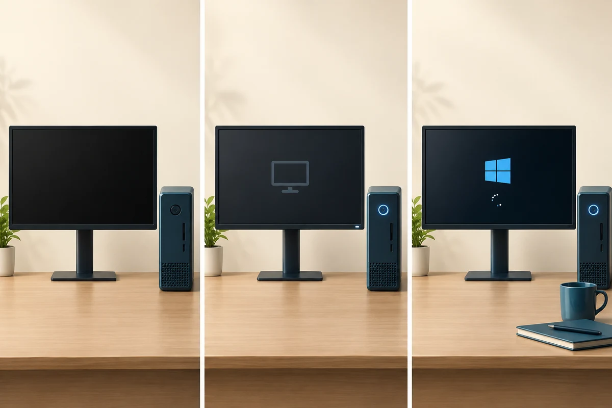 Three stages compared: no visible power, a powered screen without a picture, and a computer reaching operating-system startup.