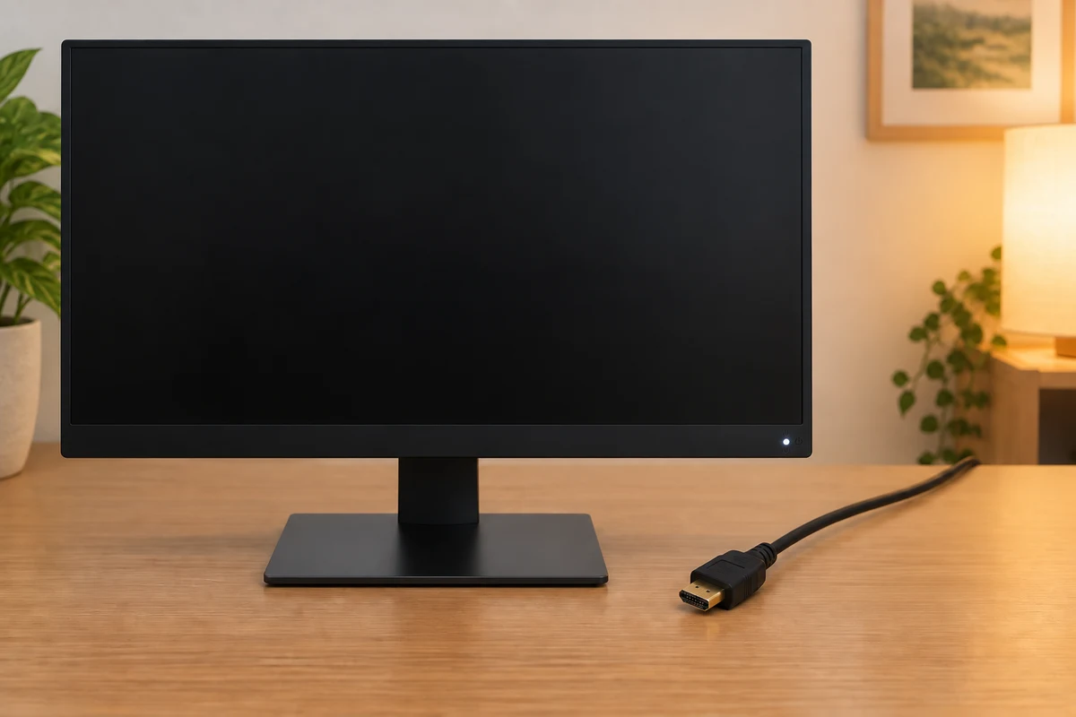A powered monitor with a dark screen beside a separate HDMI display cable.
