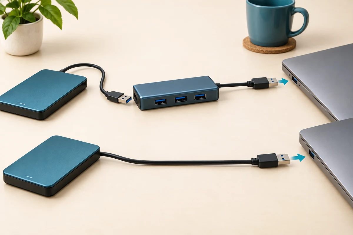An external drive connected through a USB hub compared with a direct cable connection to a computer.