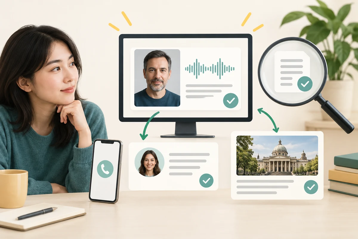 A person checks a voice and image claim through separate known sources.