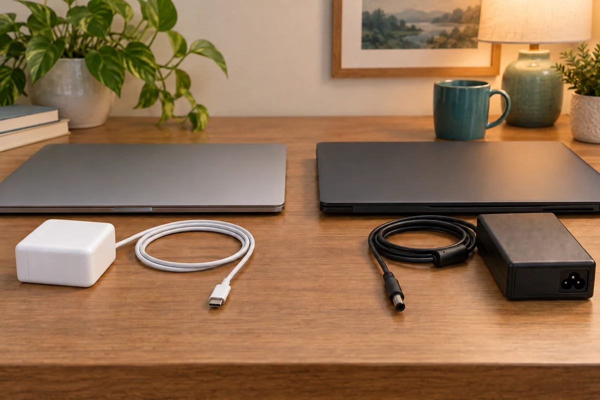 Separate USB-C and barrel-jack charging arrangements show different cable ends beside closed laptops.