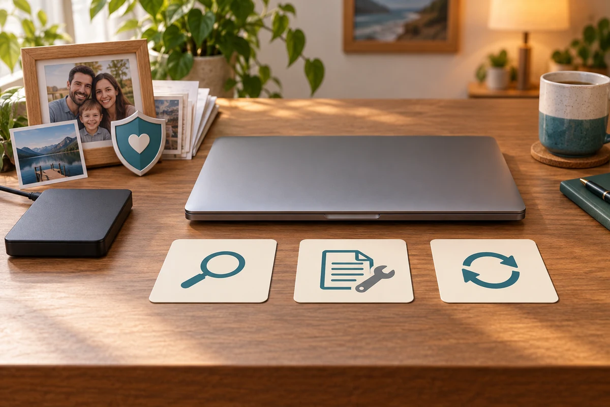 Separate inspection, software repair and reset choices beside an independently protected personal-file backup.