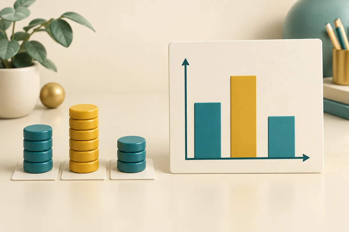 Three amounts represented by counter stacks are compared with a bar chart.