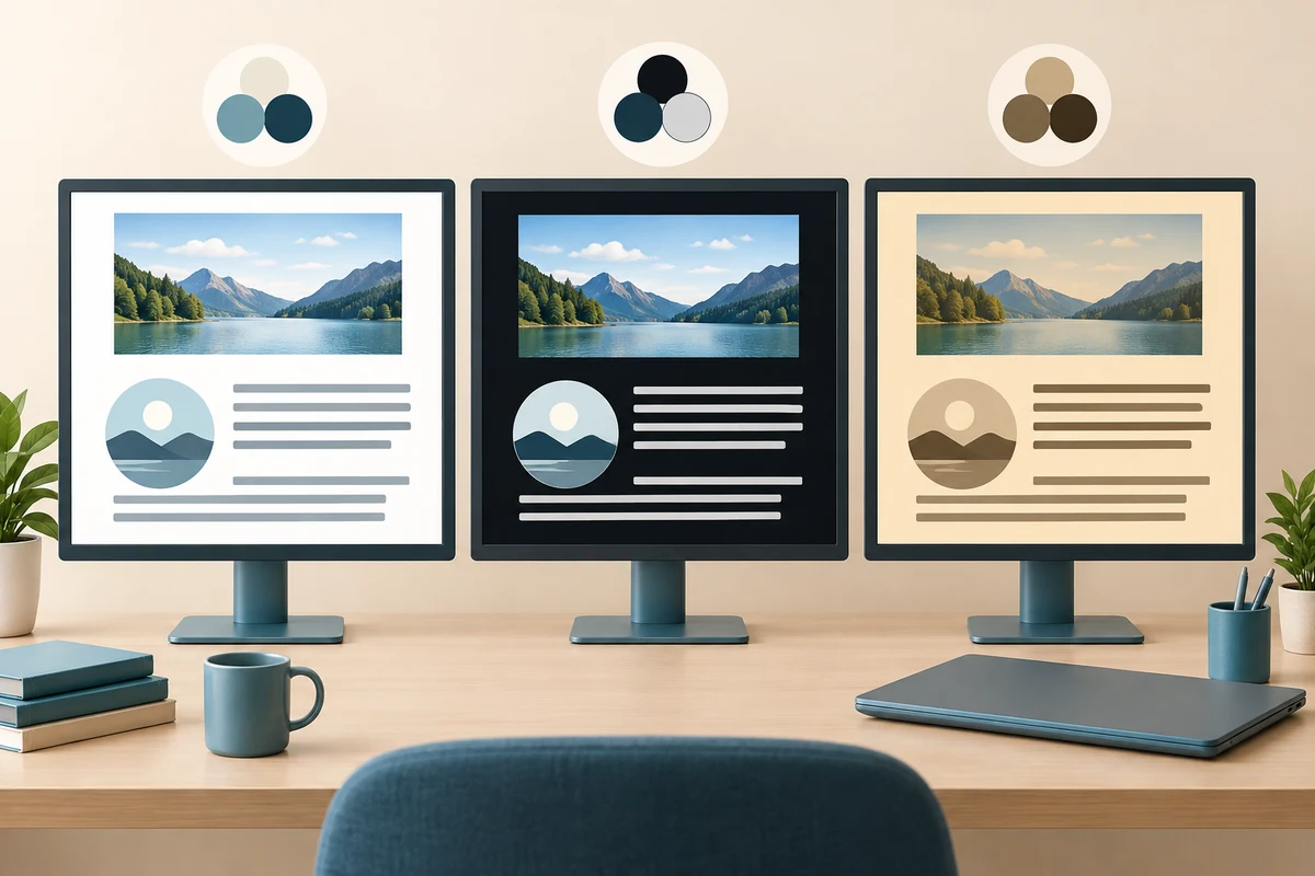 The same sample page is displayed using three different palettes.