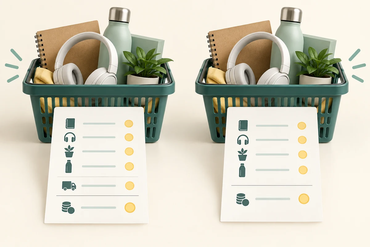 Two matching shopping baskets with item and delivery cost summaries.