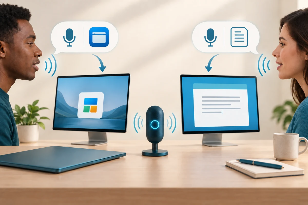 Spoken app commands and dictated document text are shown as two different speech uses.