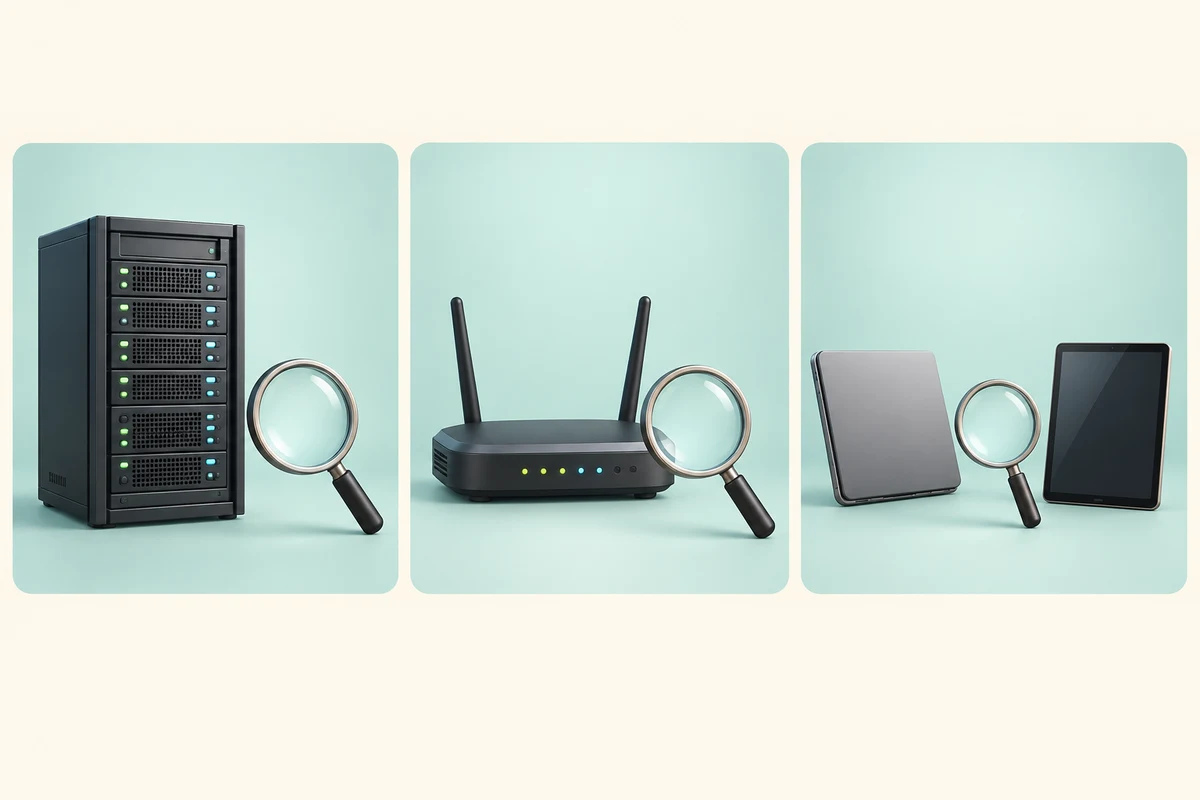 Three separate investigation scenes show a website server, a home router and two devices for comparison.