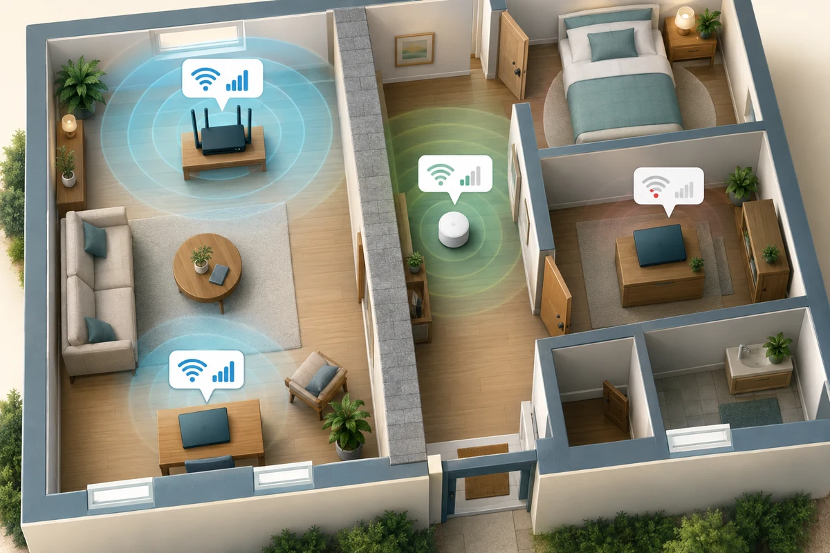 A home floor plan compares devices near a router, behind walls and near an intermediate mesh node.