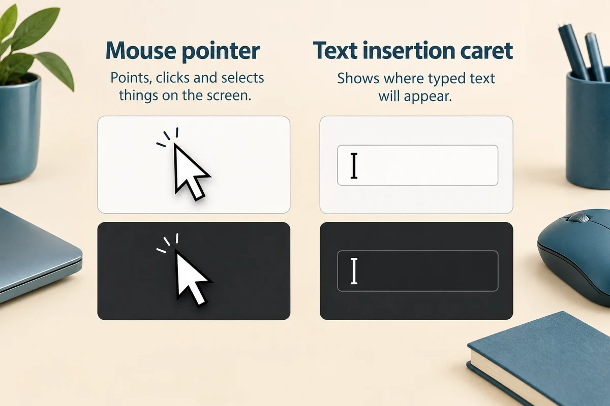 A mouse arrow and text insertion caret are compared against light and dark backgrounds.