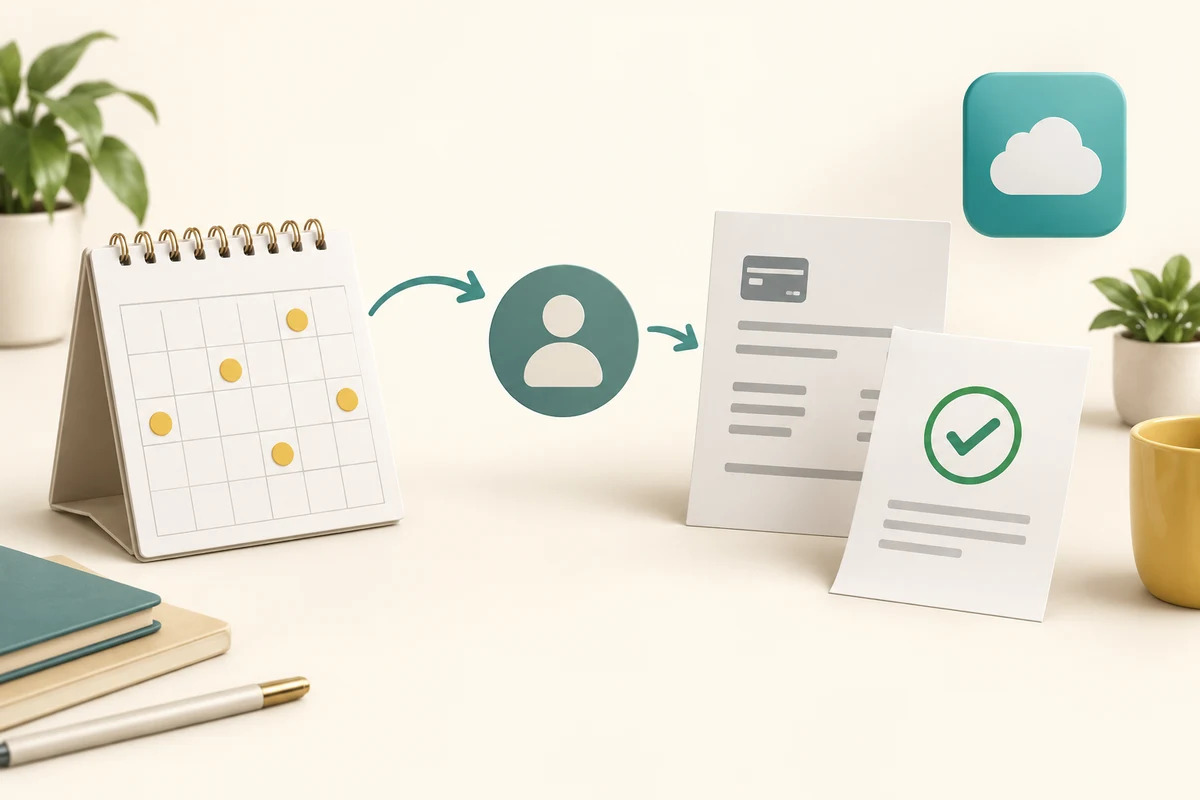 A recurring calendar linked to an account, billing record and confirmation.