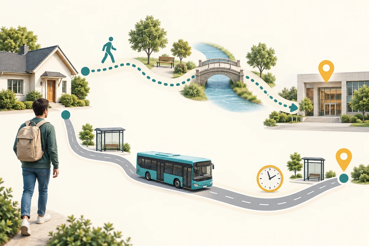 Walking and bus routes between a home and a destination, with a clock.