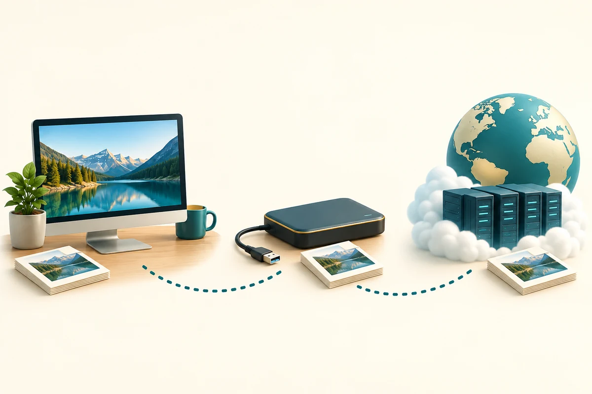 Matching files exist on a computer, a disconnected external drive and a separate remote storage location.