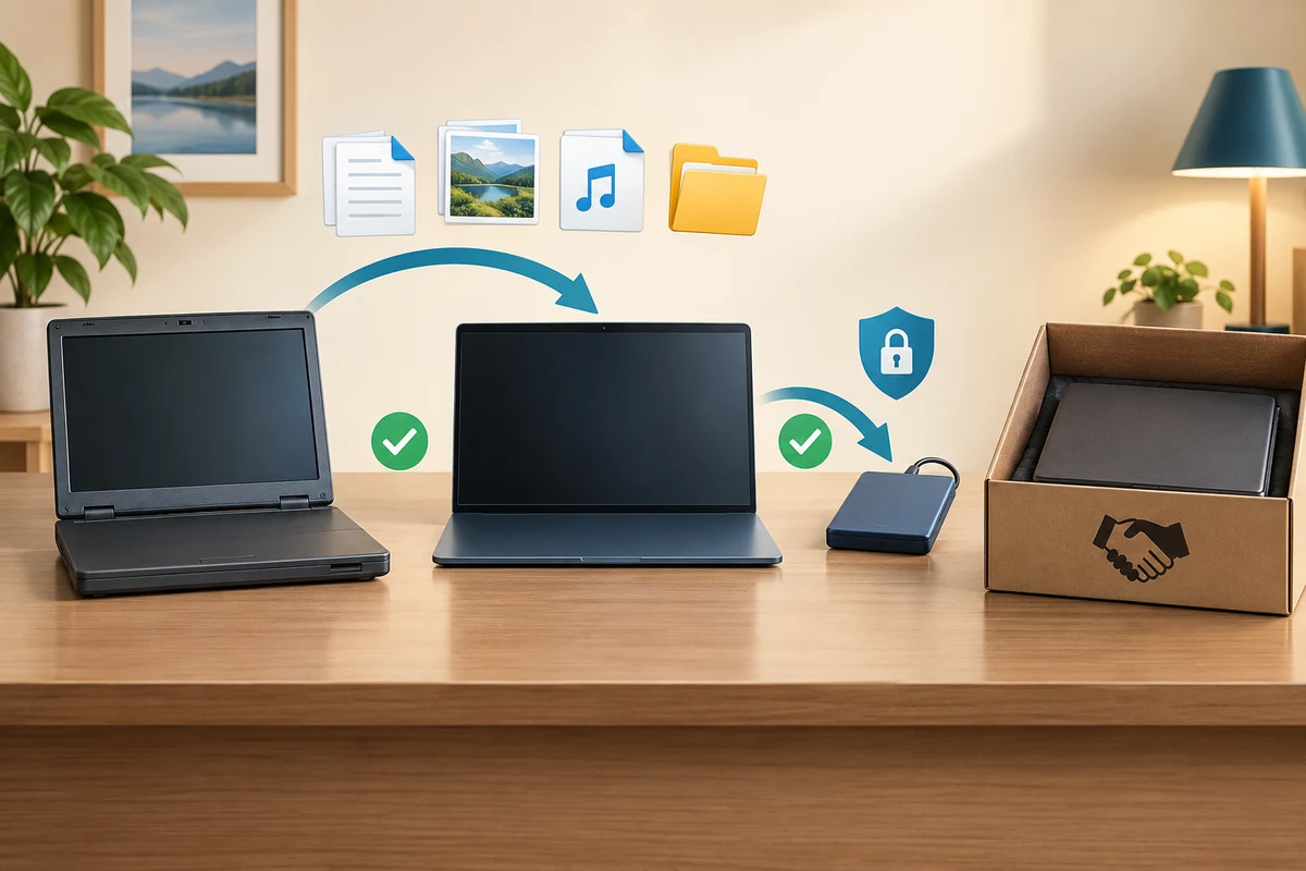 Files move to another computer with a separate protected backup before the old device is prepared for handover.
