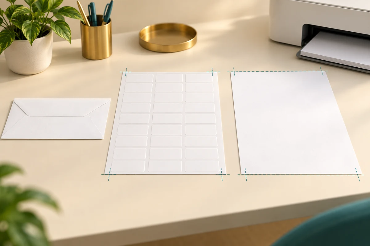 An envelope and a sheet of address labels beside printer paper guides.