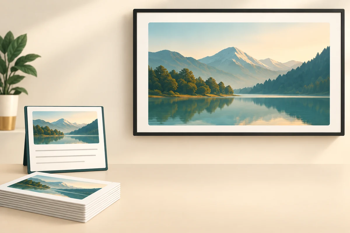 An audience sees a landscape slide while a separate presenter view includes notes beneath the same picture.