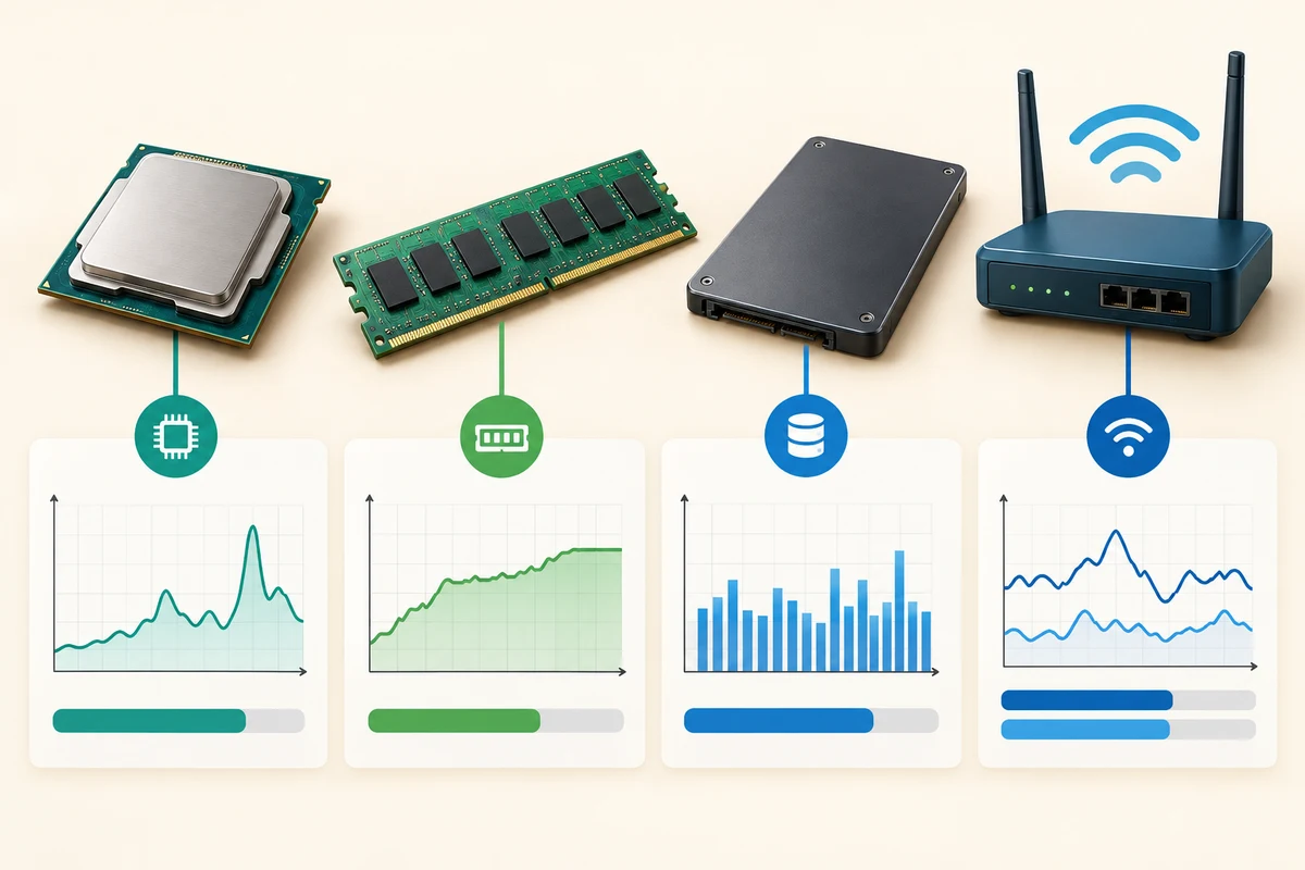 Processor, memory, storage and networking appear above different illustrative activity patterns without measured values.
