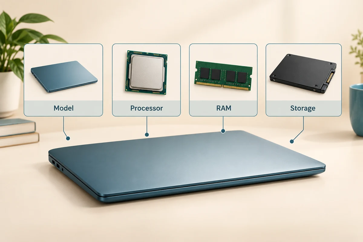 A computer model, processor, RAM and storage are shown as distinct specification categories.