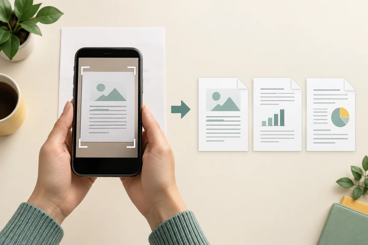 A phone captures a whole paper page beside an ordered set of scanned pages.