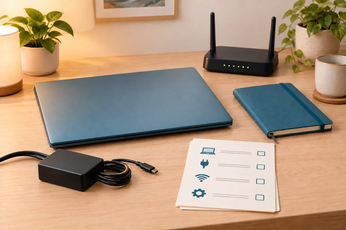 A closed new laptop, charger, router and checklist are prepared for initial setup.