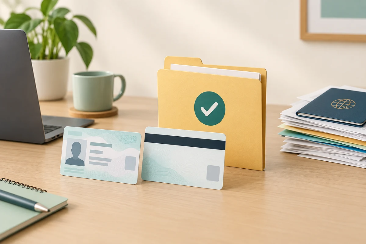 Fictional identity card views beside selected documents and a separate larger pile.