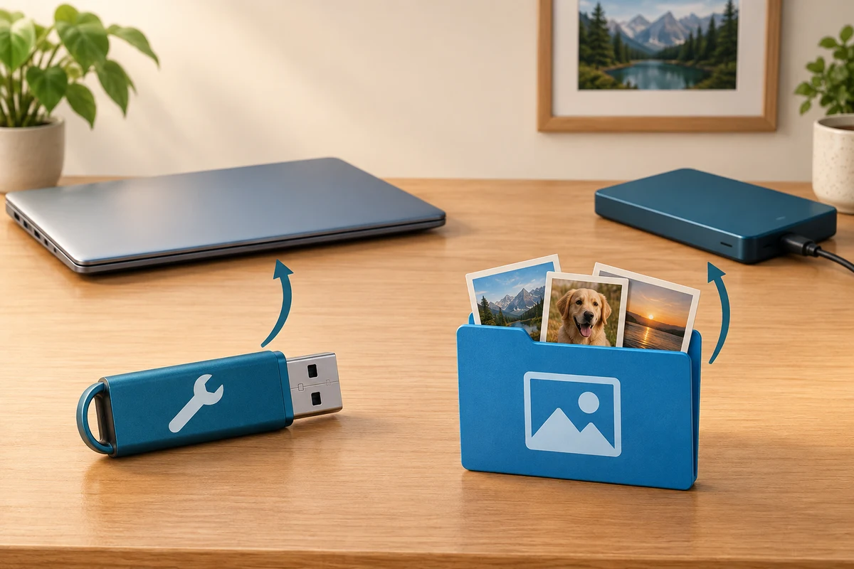 A system recovery USB points to a computer, while personal photographs are kept separately on an external backup drive.
