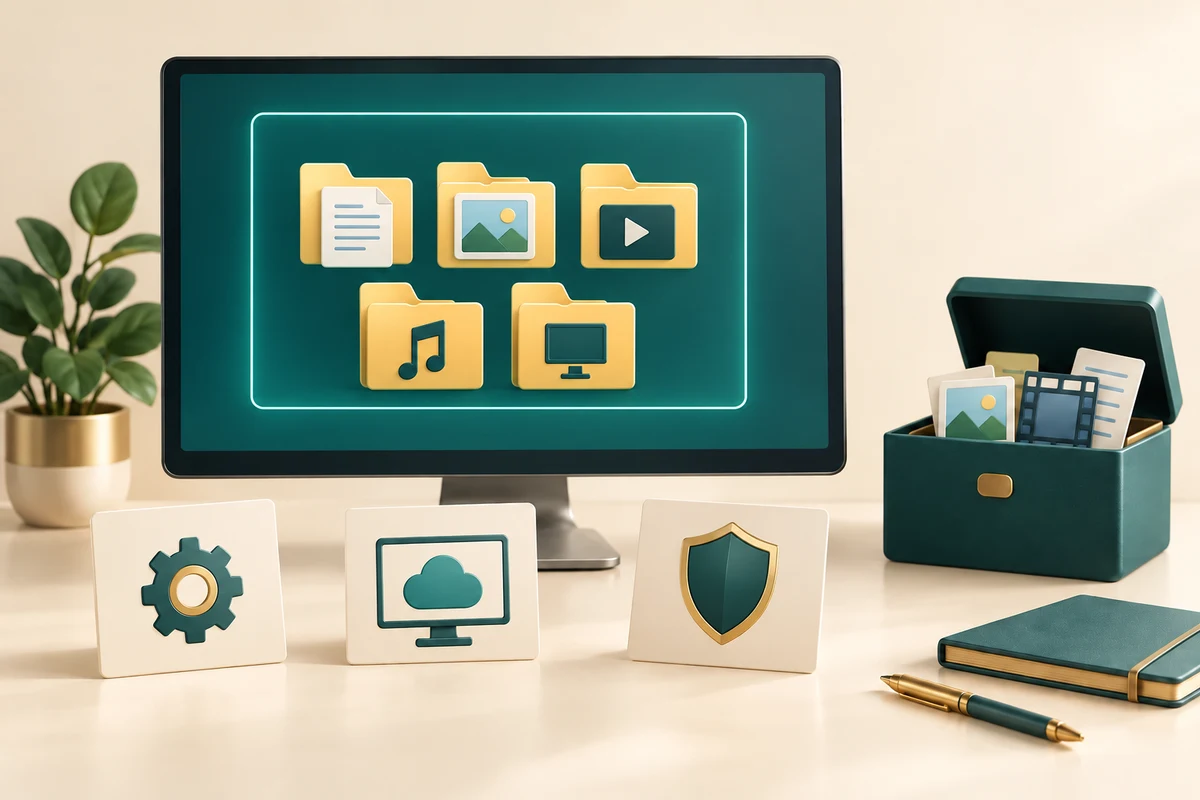Selected document, picture, video, music and desktop folders sit inside a boundary, while other files remain outside.