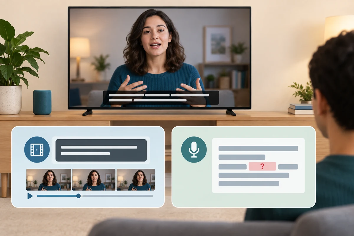 Video captions are compared with live transcription, including a word that needs checking.