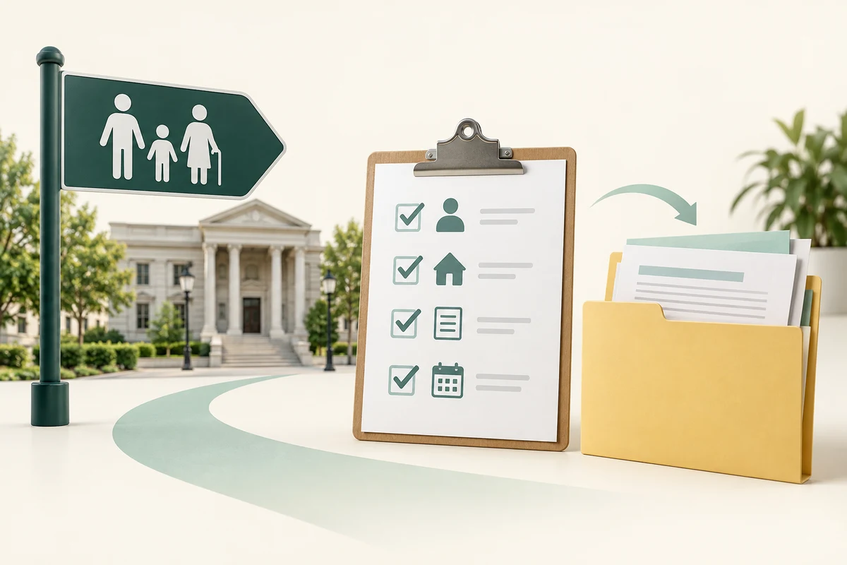 A public service route beside a checklist and supporting documents.