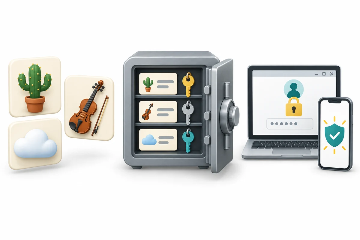 Three unrelated word pictures, separate account keys in a vault and second-step verification.