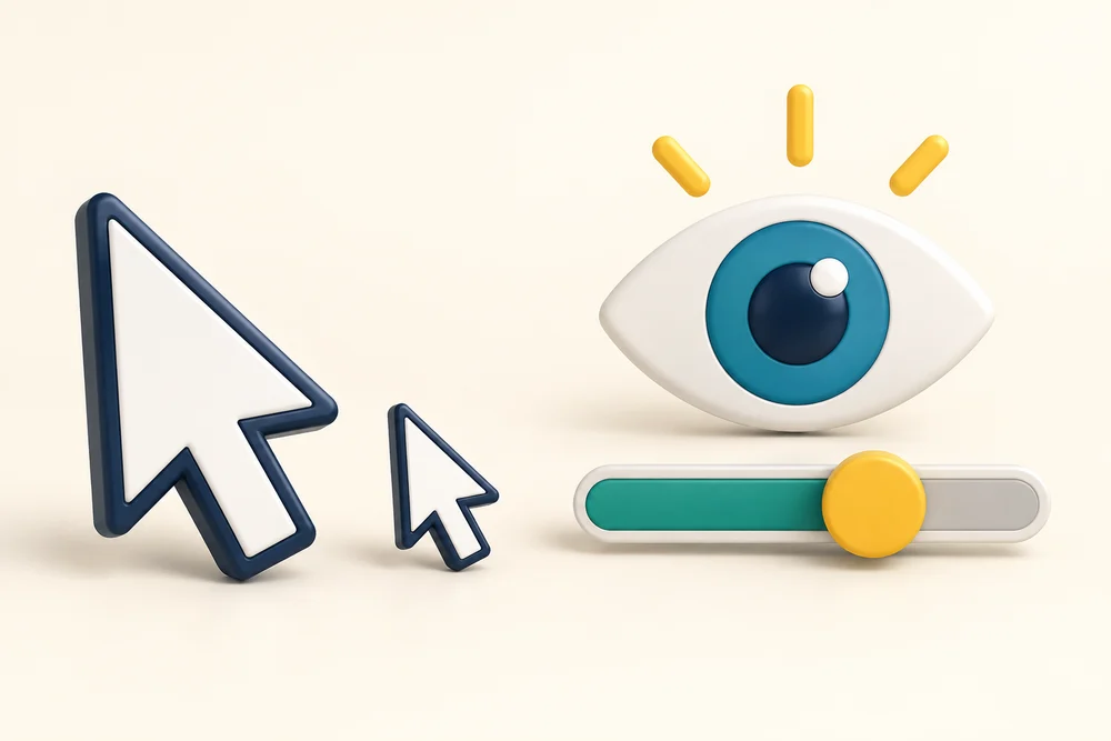Large and small pointers are compared beside an eye symbol and adjustment slider.