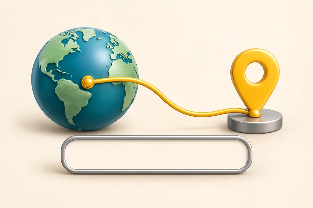 A globe connects to a destination pin beside an address field, illustrating going to a known web address.