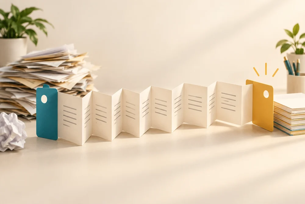 An accordion-fold document has distinct markers at its beginning and end.