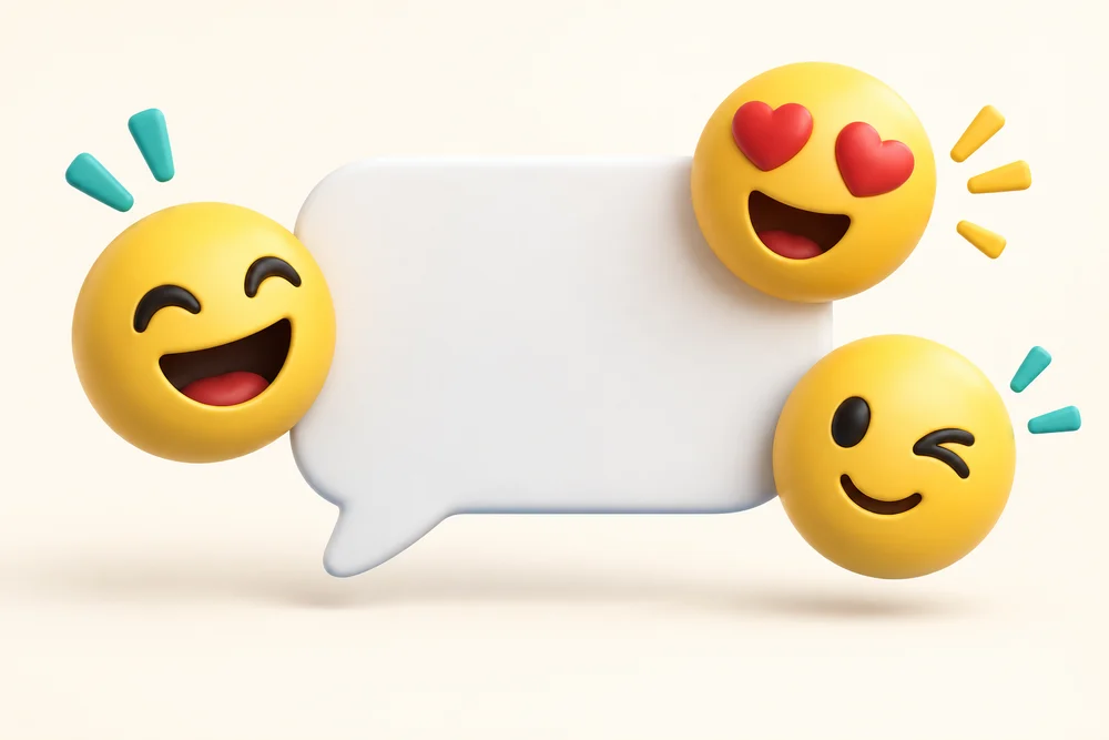 Three expressive emoji faces surround a message bubble.