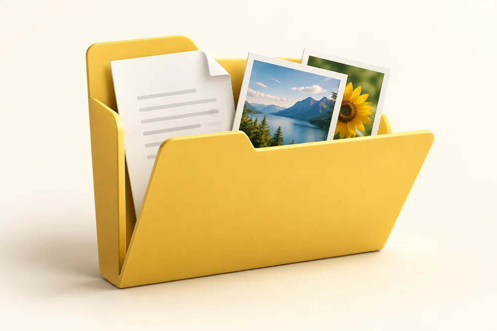 An open folder reveals separate document and photograph files.