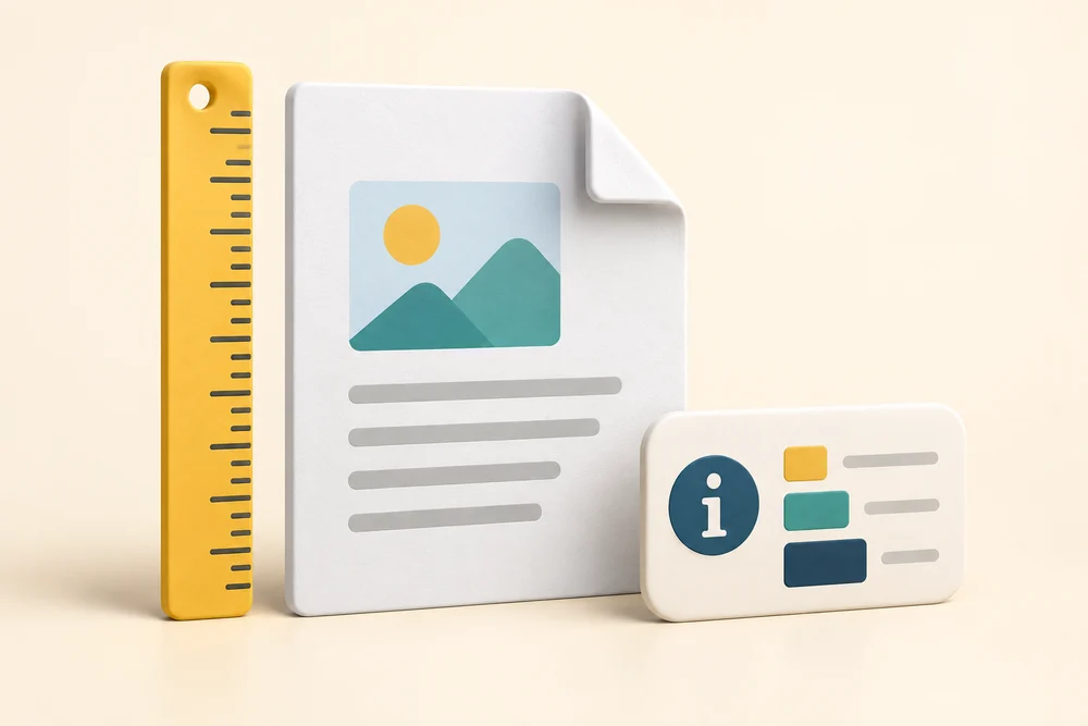 A file beside a ruler and information tag illustrates checking its properties.