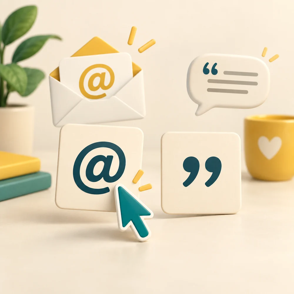 Separate cards show the at sign and quotation mark, illustrating symbols that can differ between keyboard layouts.