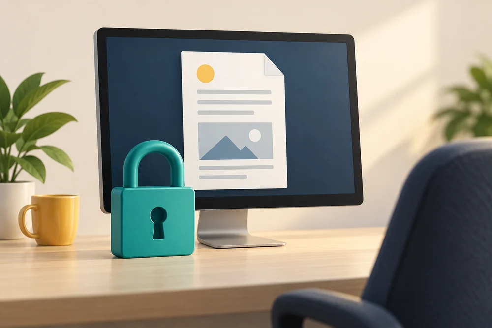 A padlock stands in front of a monitor with a document still visible, illustrating locking access to a session.