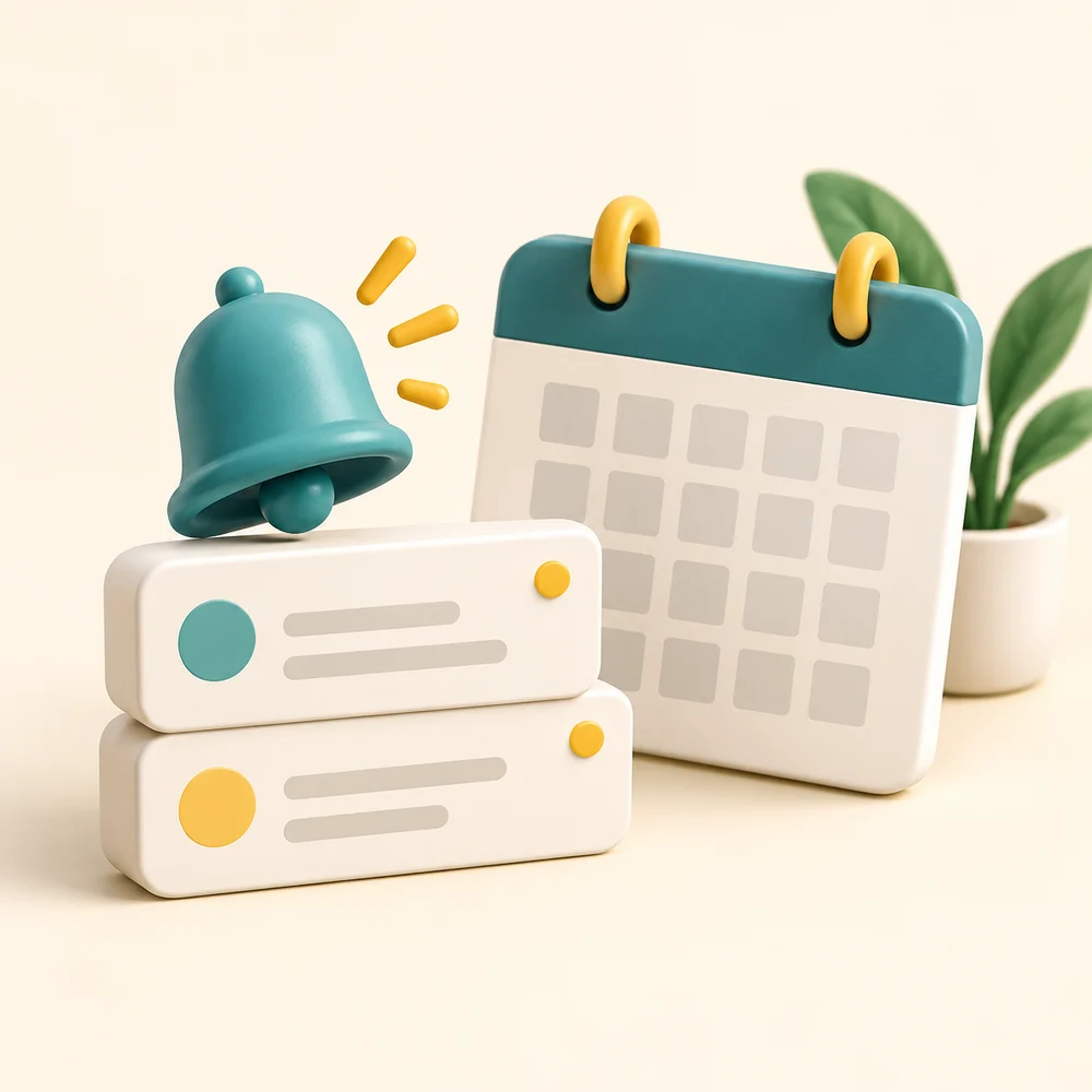 A notification bell sits beside message cards and a calendar.