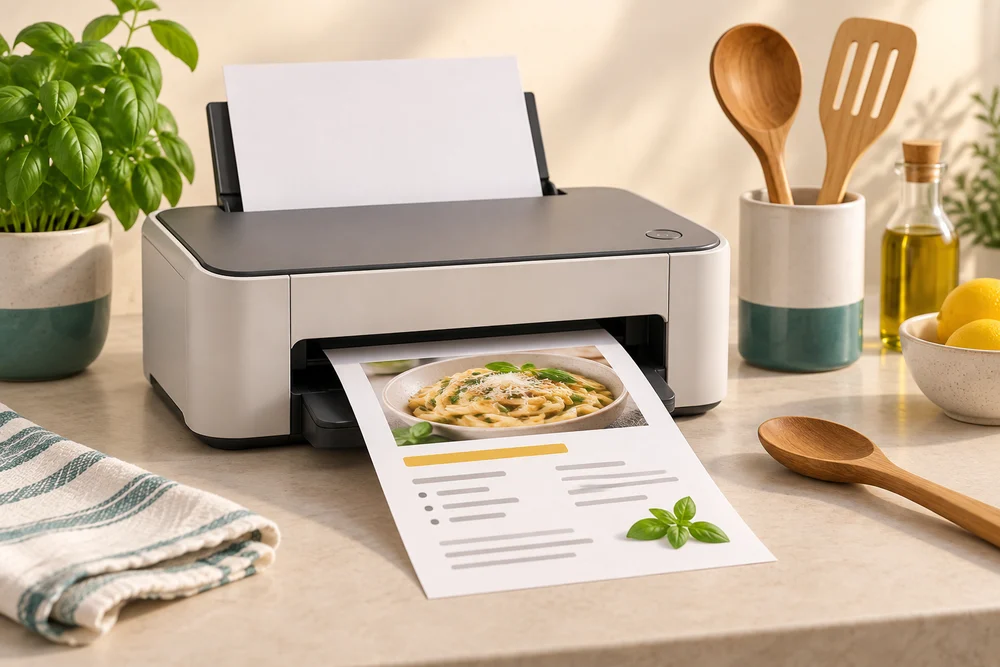 A printer produces a paper recipe with a photograph and written instructions.