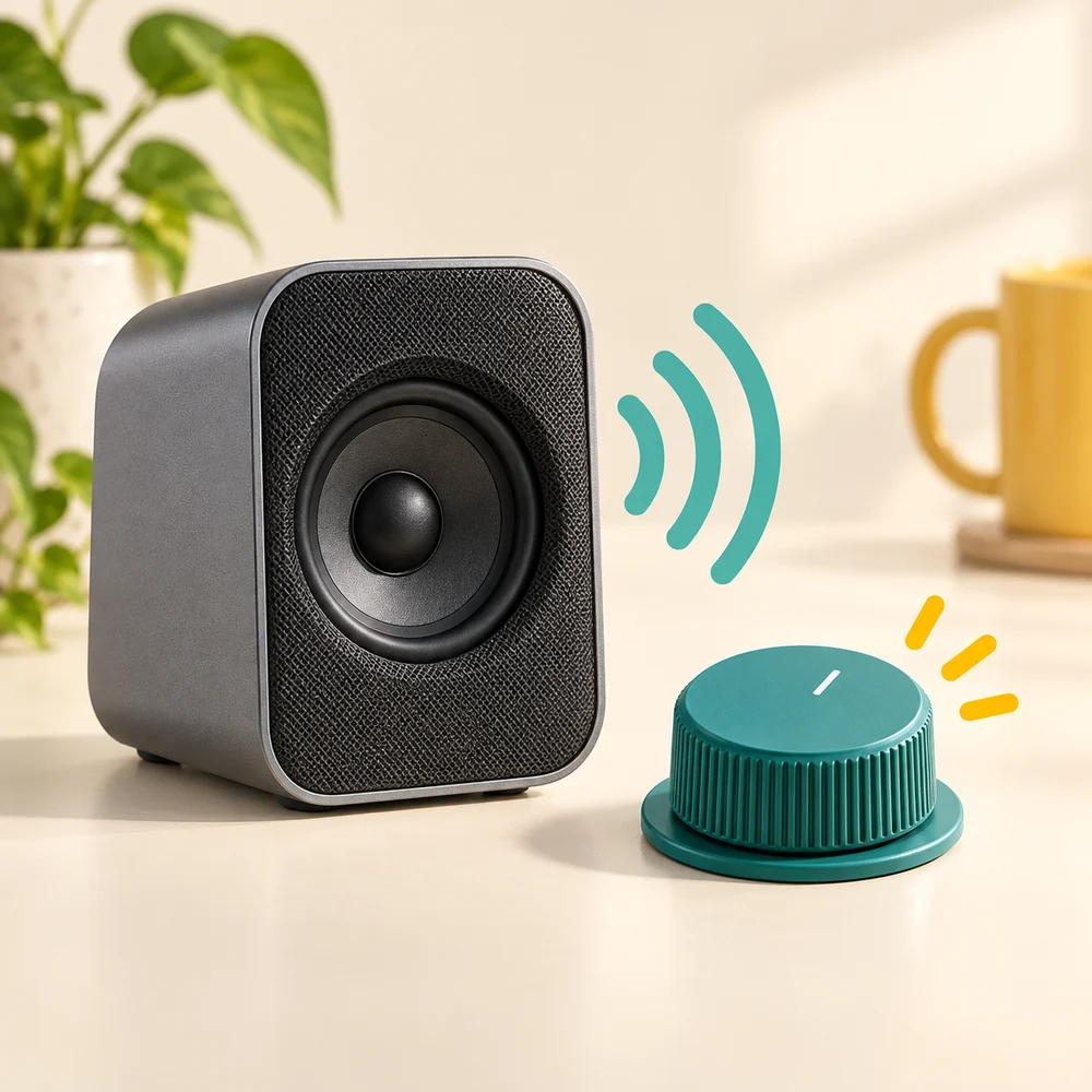 A speaker, volume dial and wireless symbol illustrate quick access to everyday adjustments.