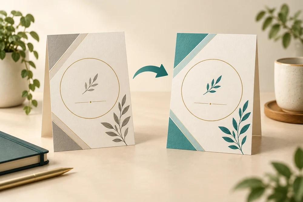 A forward arrow restores the coloured accents on an invitation design, illustrating Redo.