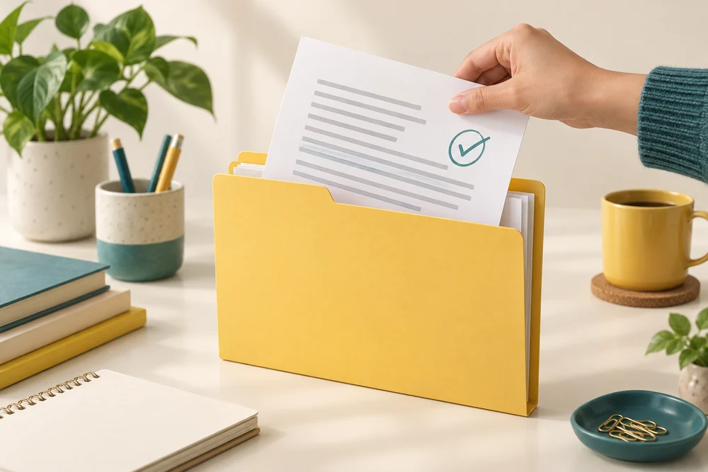 A revised document is placed into a folder, illustrating keeping changes as saved work.