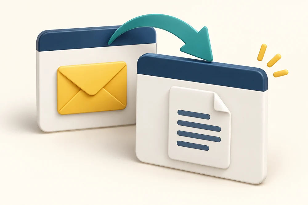 An arrow shifts attention from an email window to an existing document window.
