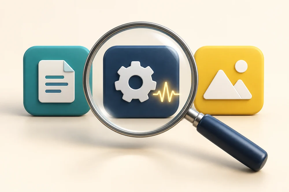 A magnifying glass examines an app's activity among several app tiles.