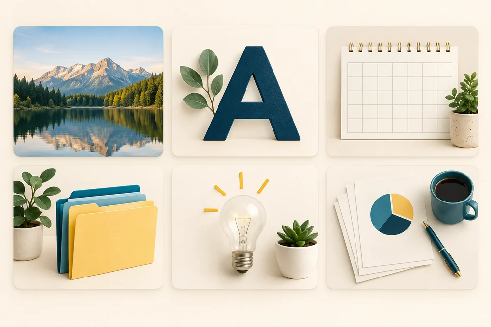 Several pictures, documents and app symbols form an overview of available work.