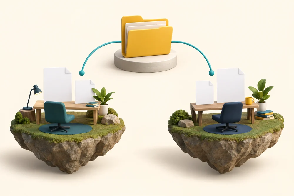 Two separate desktop workspaces share access to one central folder of files.