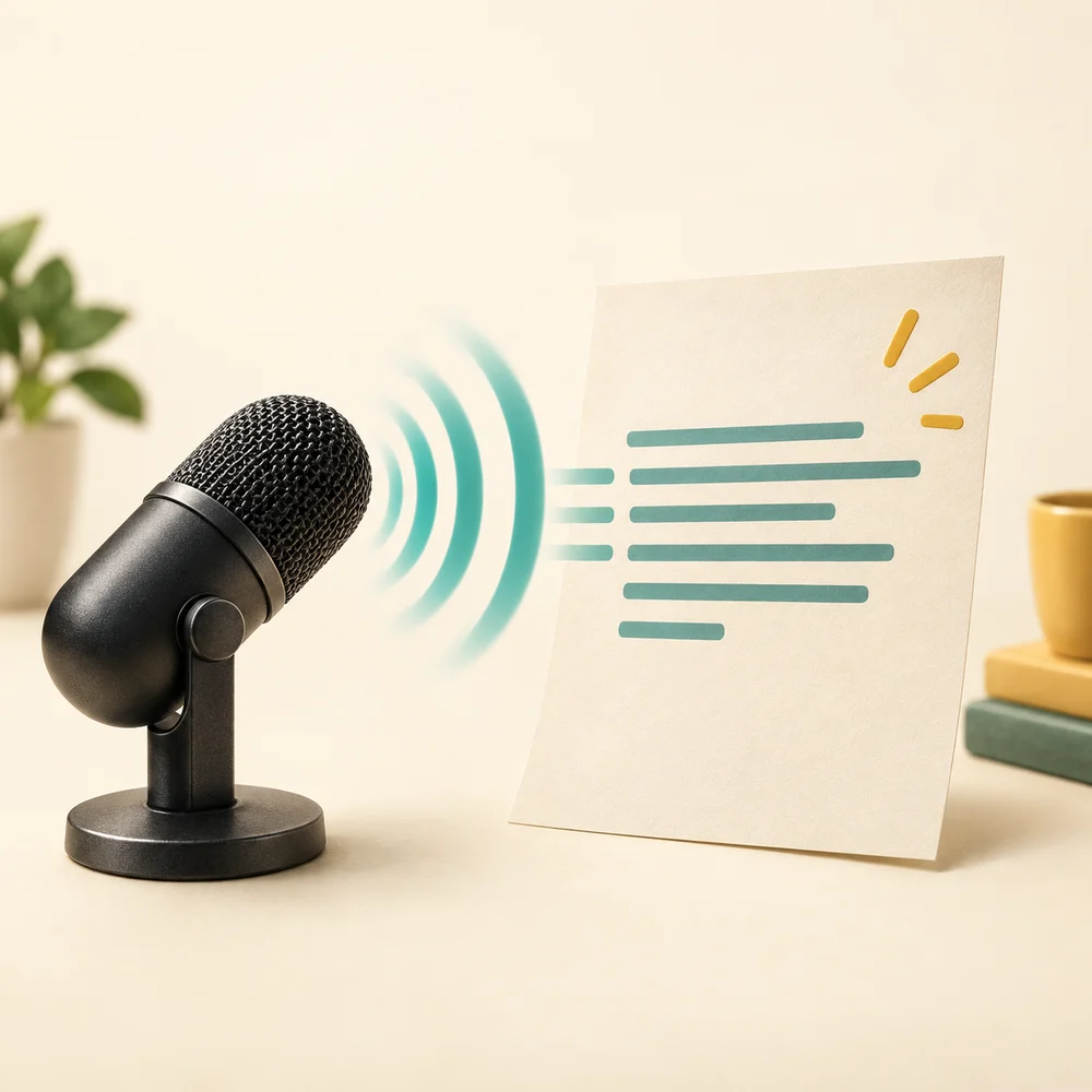 Sound from a microphone becomes lines of text on a page, illustrating voice typing.